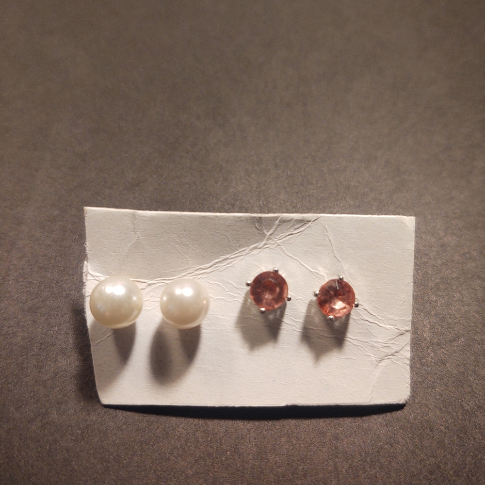 Pink silver and pearl stud earrings